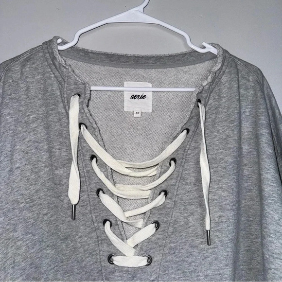 Aerie Lace Up Oversized Crew Sweatshirt Heather Gray Size Small - Picture 3 of 5